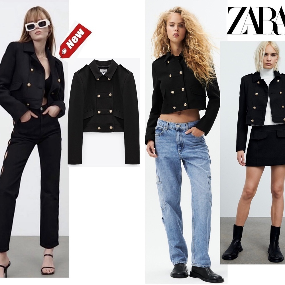 ZARA Women’s Double Breasted Crop Blazer Coat Black Gold Button Sz XXL NWT
